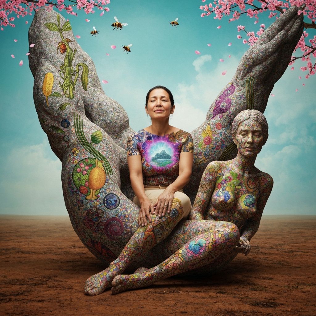 Female Sculptor Enveloped by Abstract Masterpiece