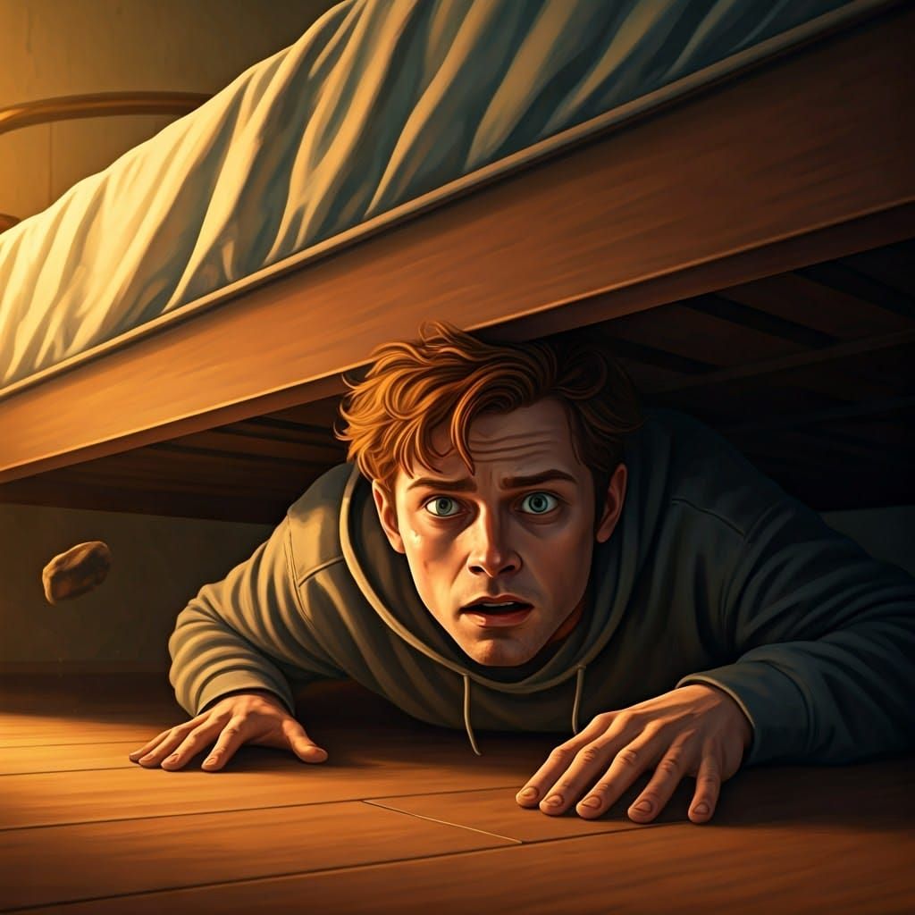 Young Man Startled from Under the Bed