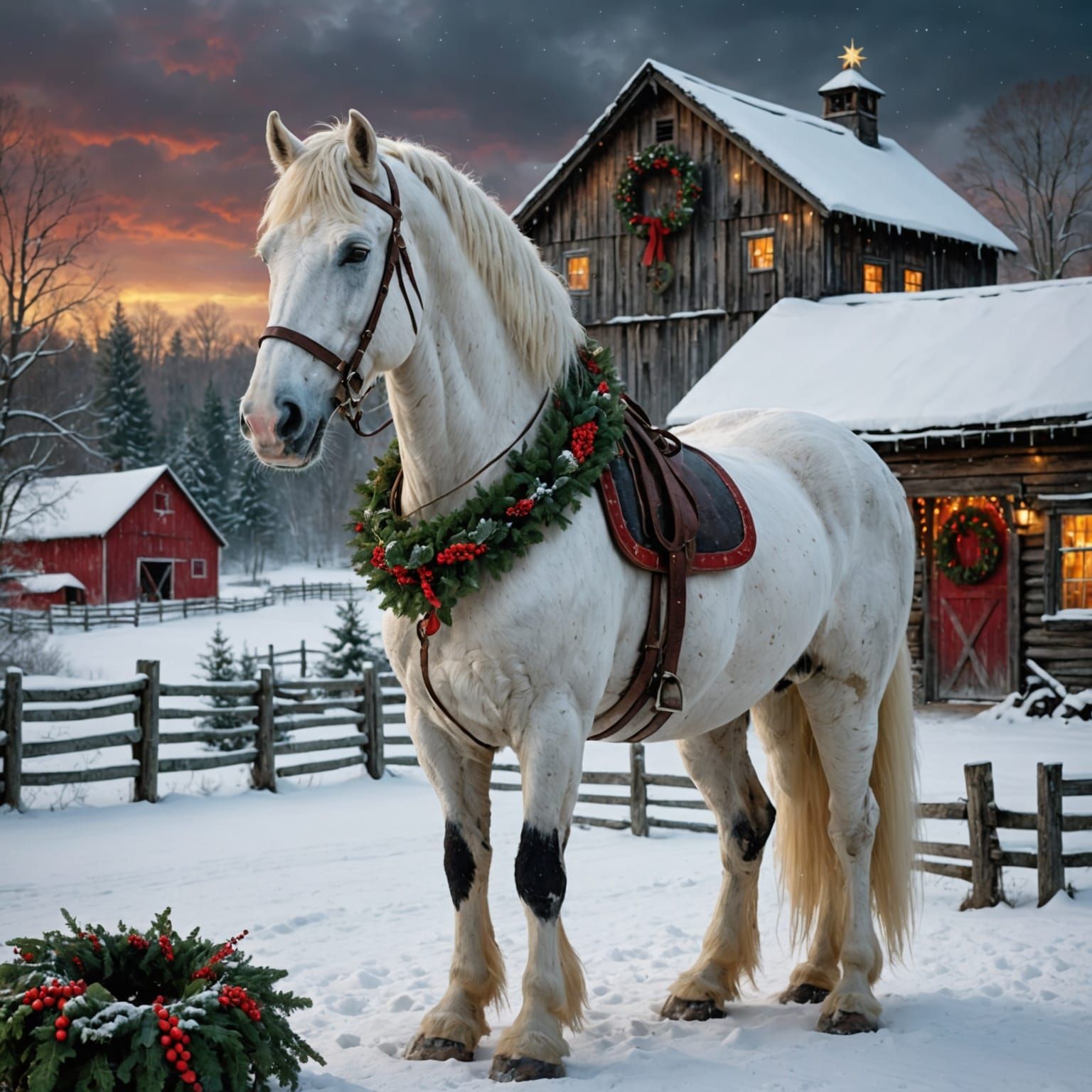 White Draft Horse with Holiday Wreath