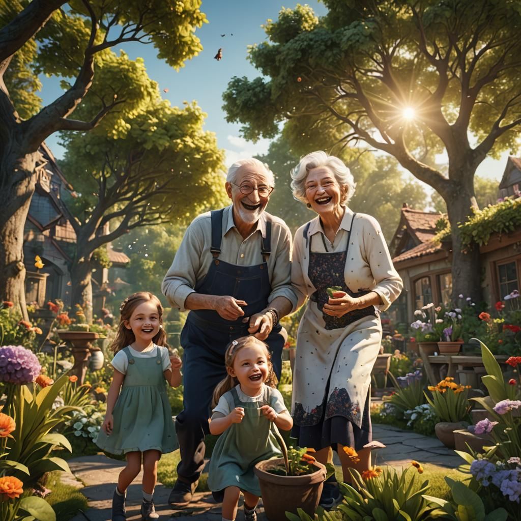 Family Garden Scene in Detailed Matte Painting Style