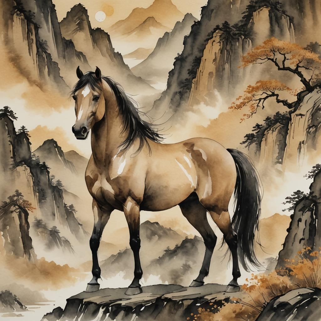 Majestic Horse in Chinese Watercolor Painting