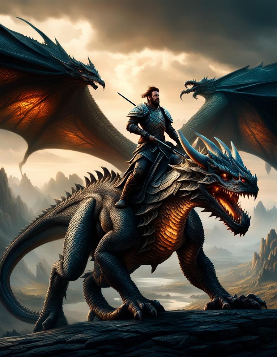 "A warrior riding a dragon"