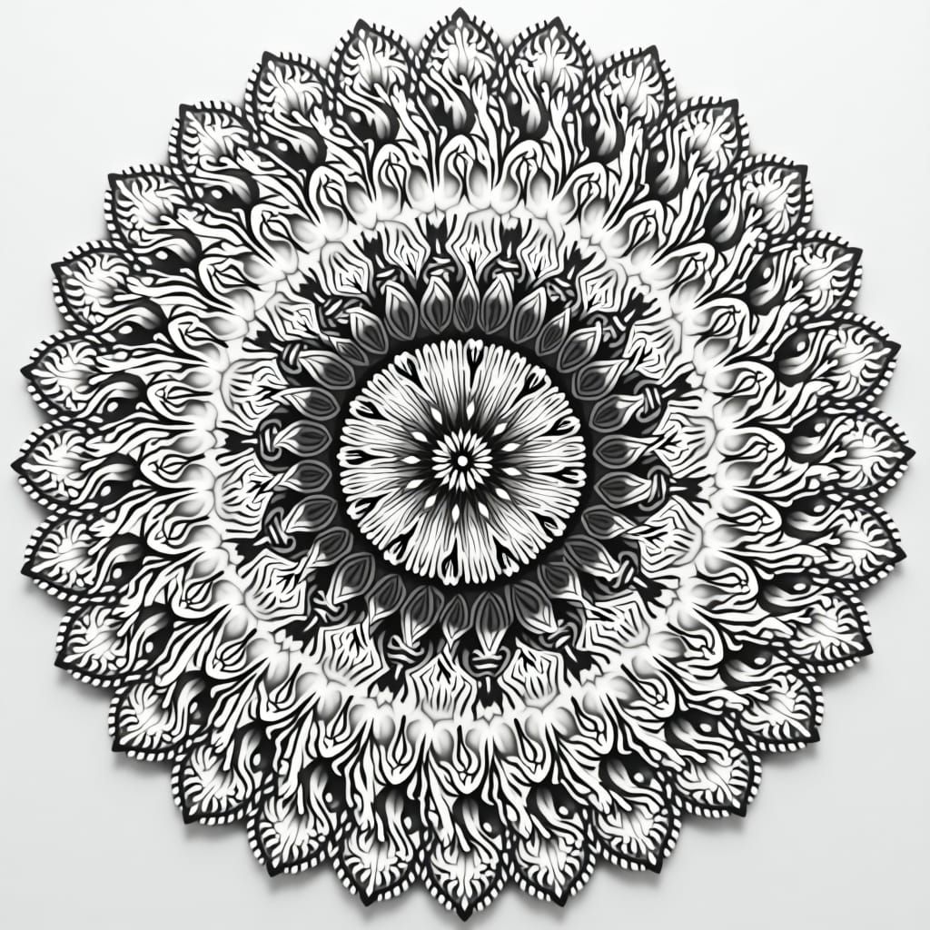 Detailed Black and White Mandala in Digital Art Style