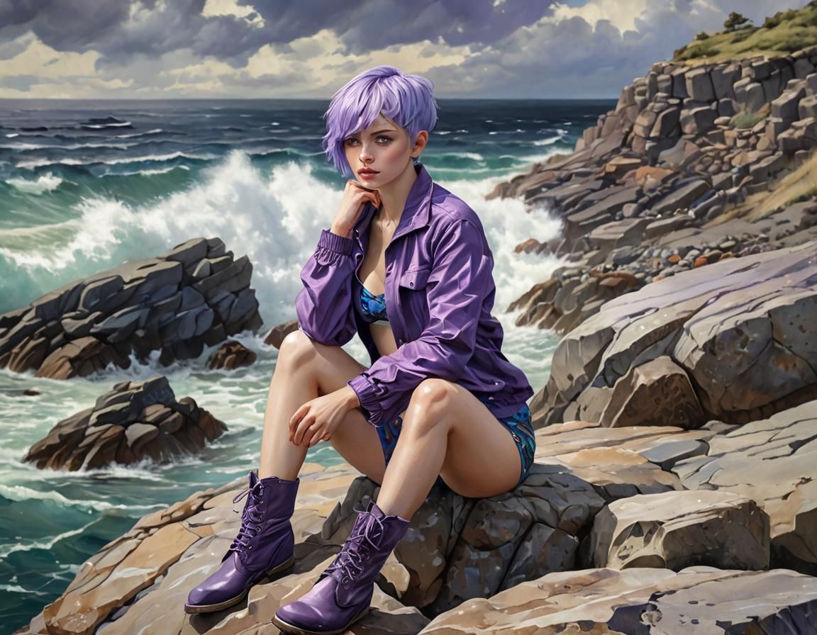 girl sitting on rocks by the sea.
