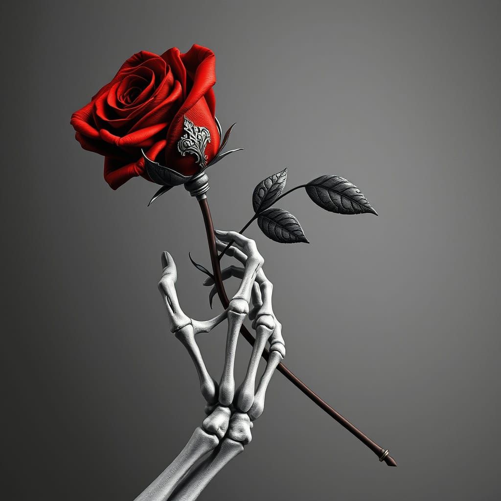 Ethereal Hand Holds Crimson Rose in Haunting Black and White