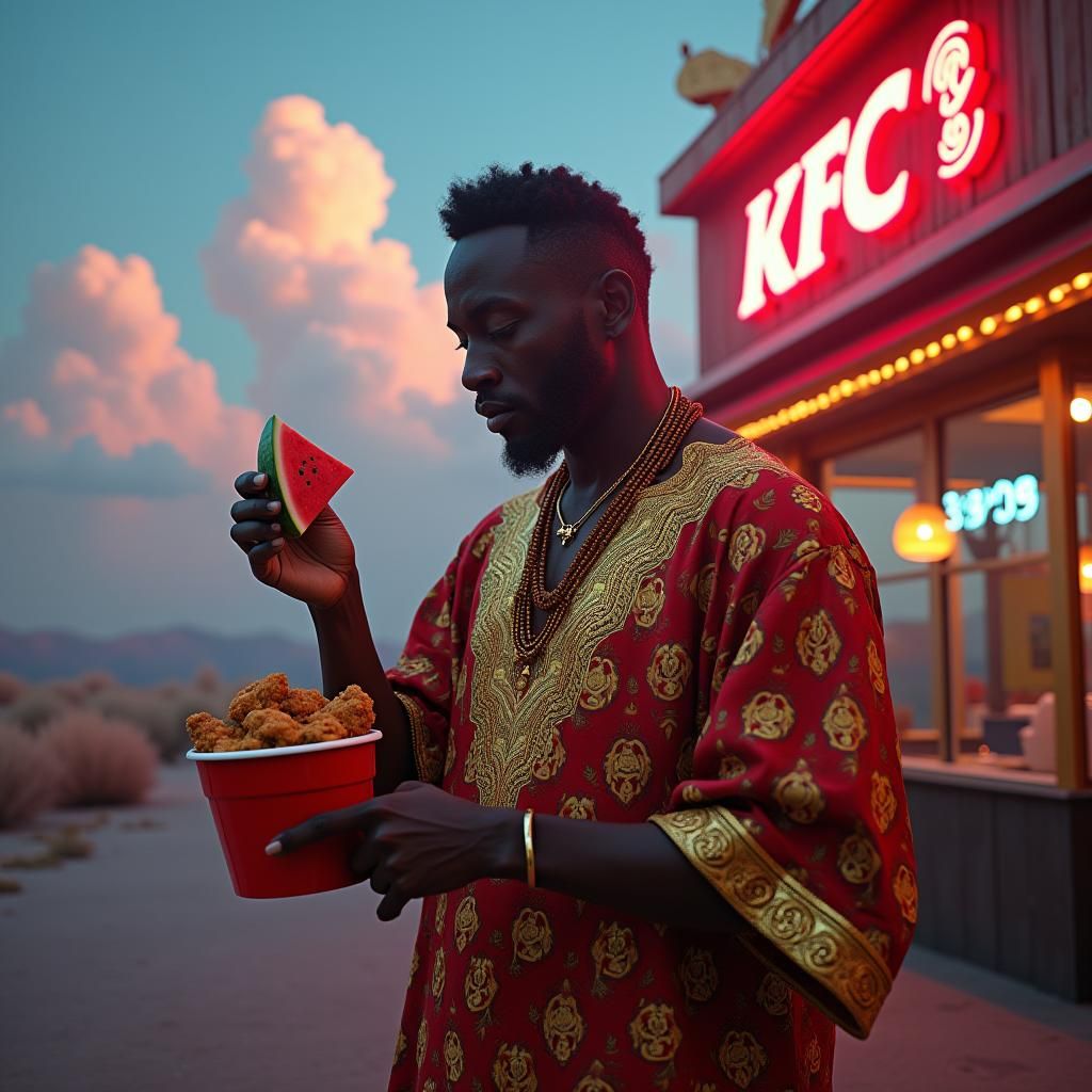 Surreal Theft: Man Stealing Chicken in Dystopian KFC