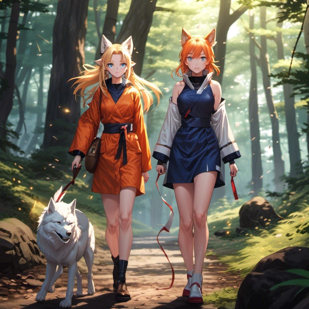 Anime Girls with Wolf Ears in Gloomy Forest