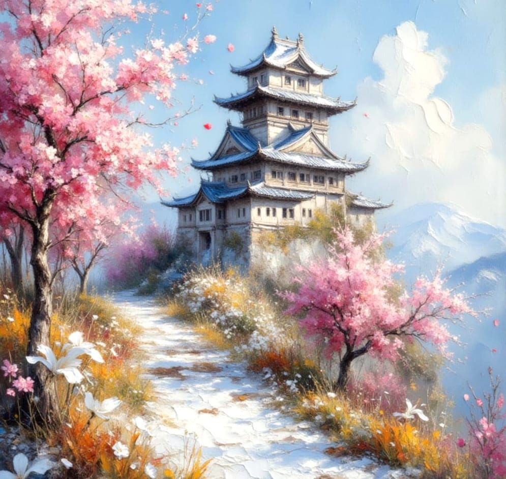 Ancient Japanese Castle in Dreamy Impasto Style