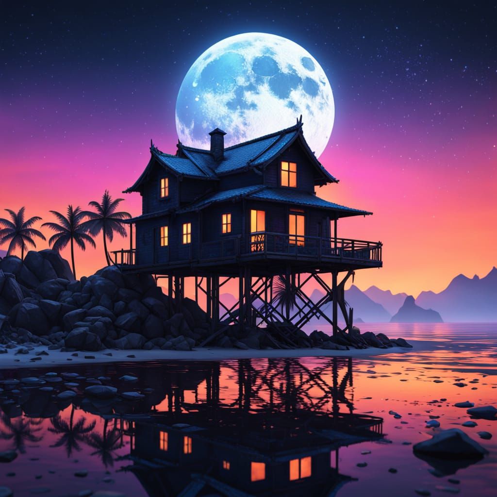 Surreal Black Beach House Silhouette Under Neon Sunset