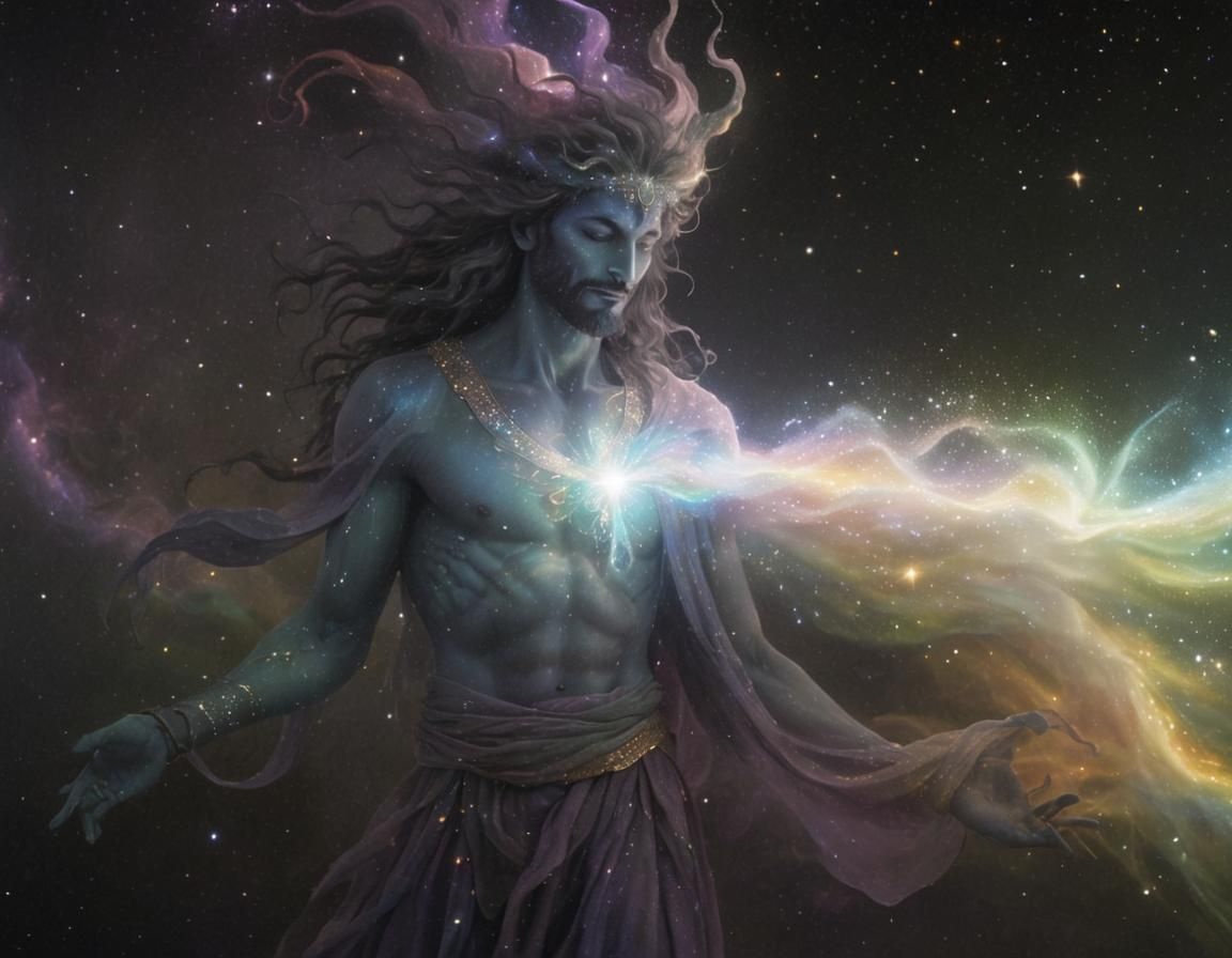 Celestial Djinn with Rainbow Aura, as Oil Painting