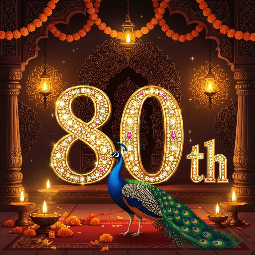 Vibrant Hindu 80th Birthday Invitation with Peacock
