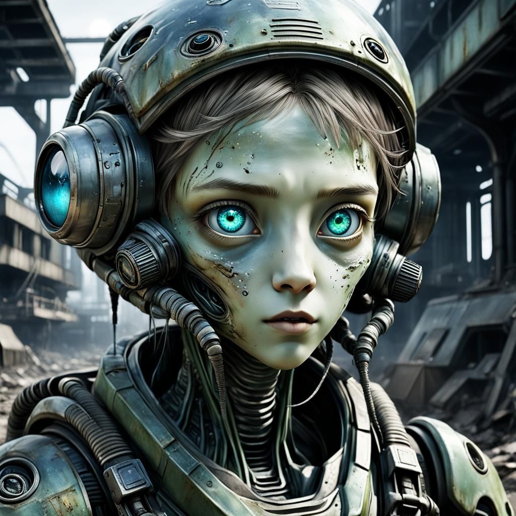 Anime Alien in Ruined Sci-Fi Landscape