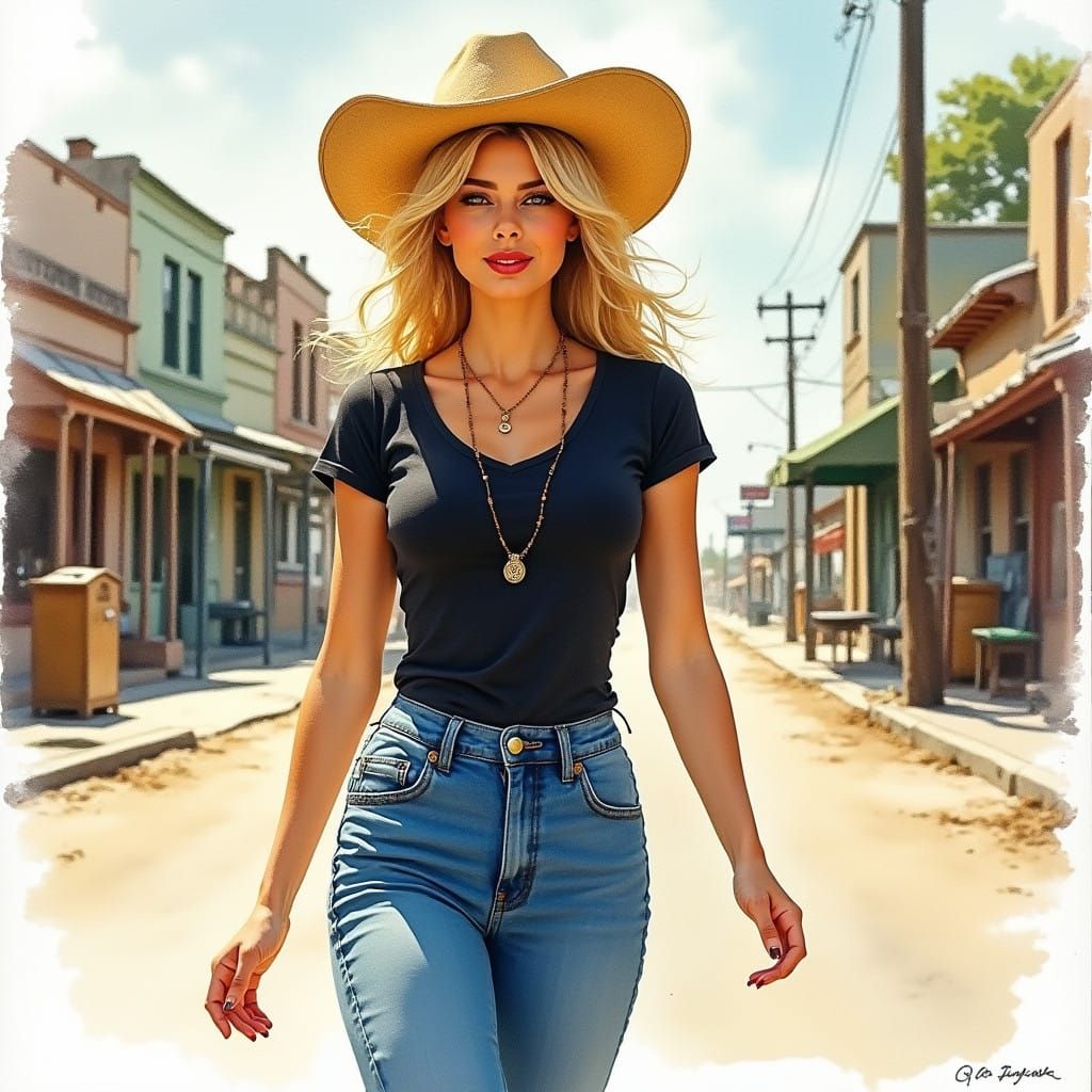 Sassy Blonde in Straw Cowboy Hat Strolls Small Town Street