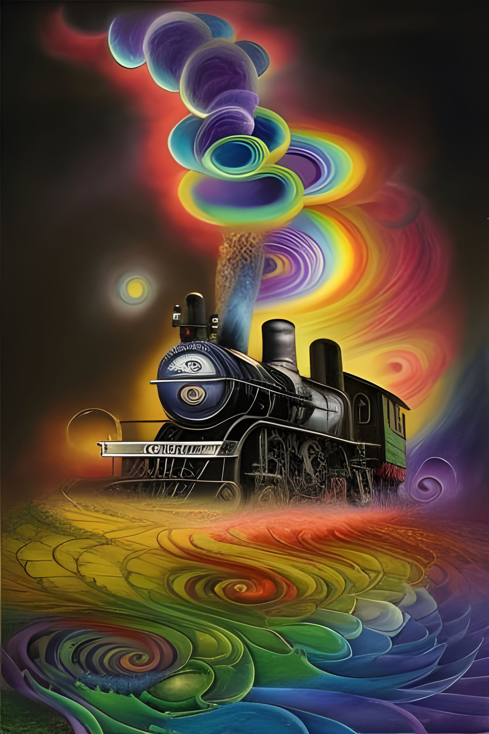 Rainbow Steam Train in Colorful Liquid Art Style