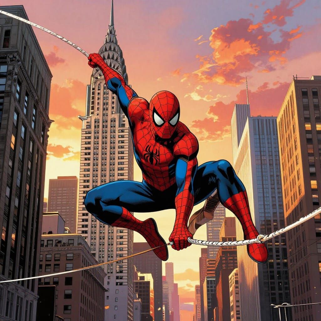 Spiderman Swings Above NYC at Sunset