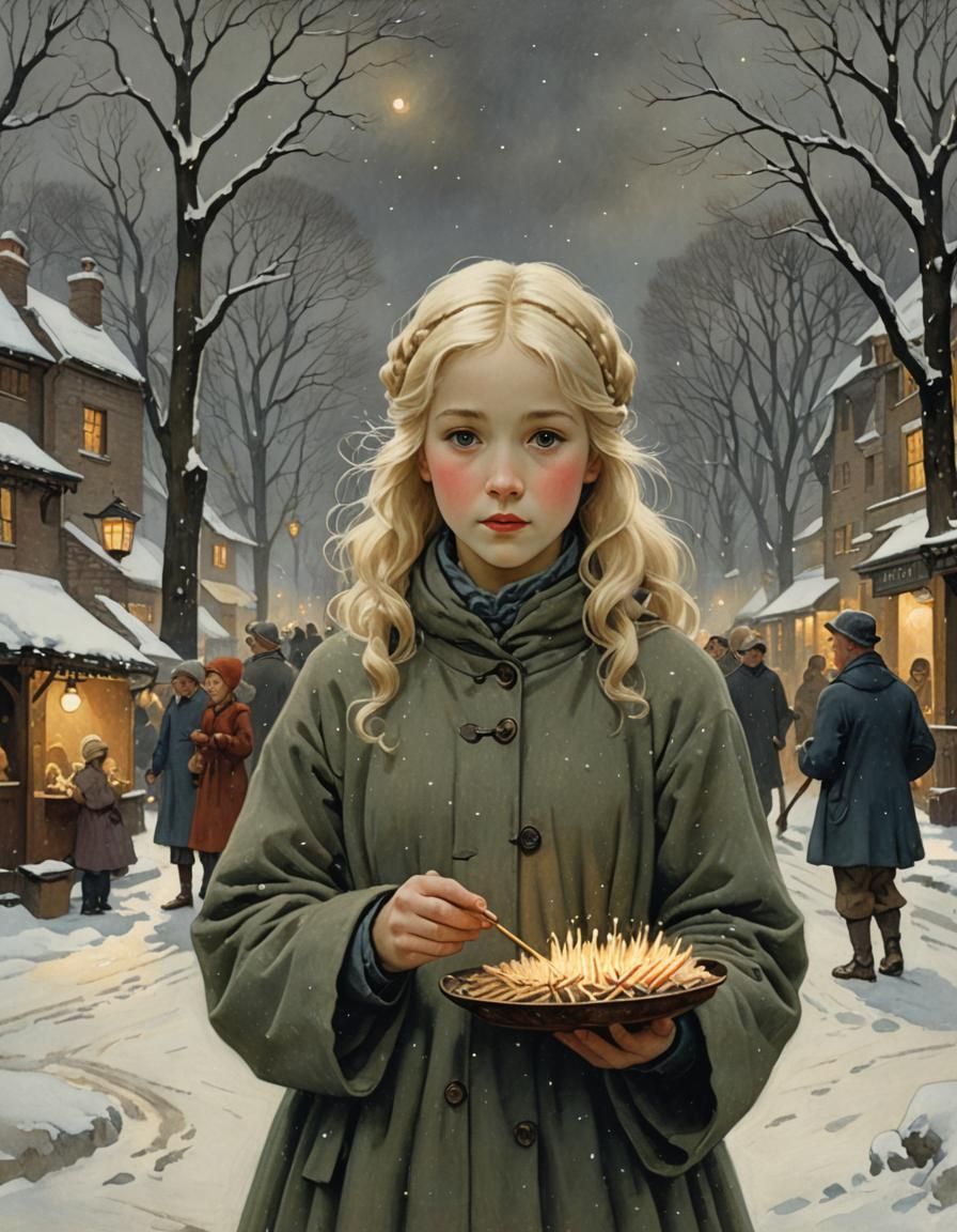 The Little Match Girl in Winter Snowstorm