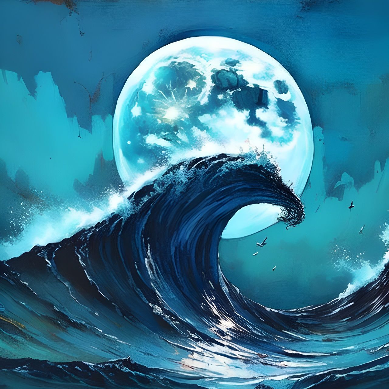 Epic Blue Waves Under Luminous Moon