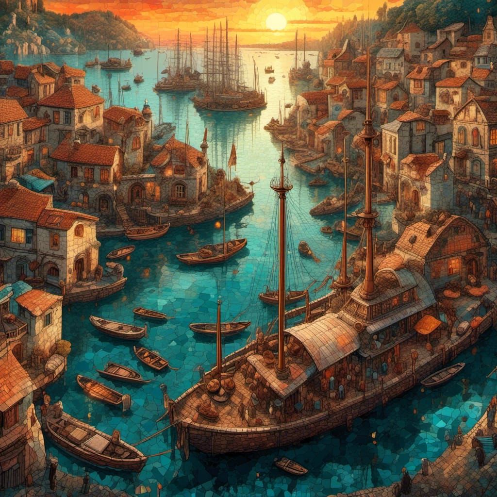 Fantasy Harbor with Boats in Mosaic Digital Art