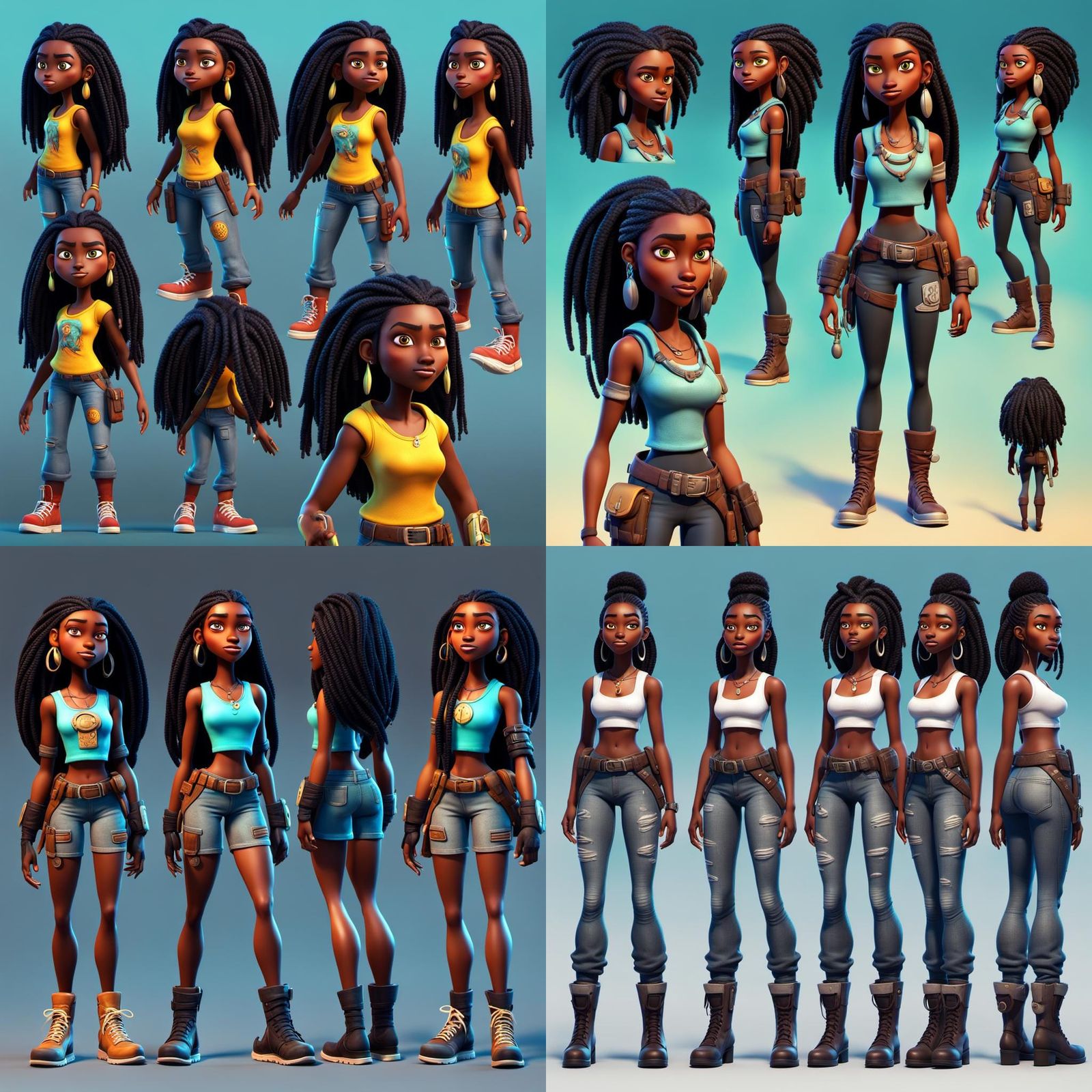 Caribbean Girl Character Sheet in Post-Apocalyptic Cartoon S...