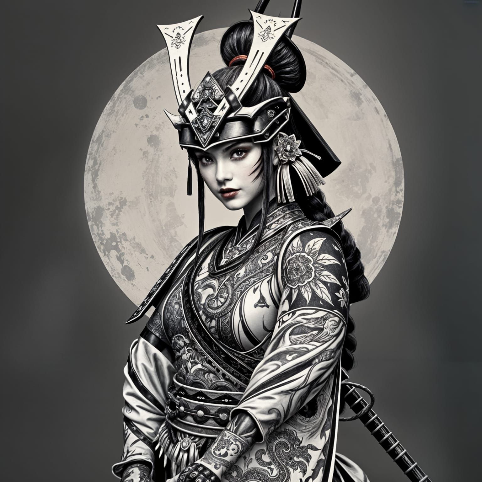 Ethereal Female Samurai Tattoo Art in Monochrome
