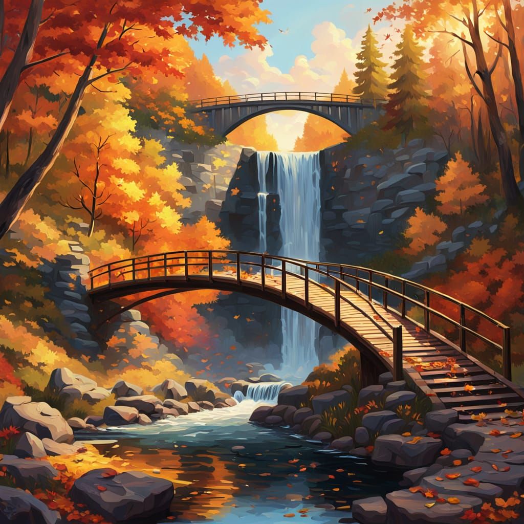 Vibrant Autumn Landscape Oil Painting with Golden Hour Light