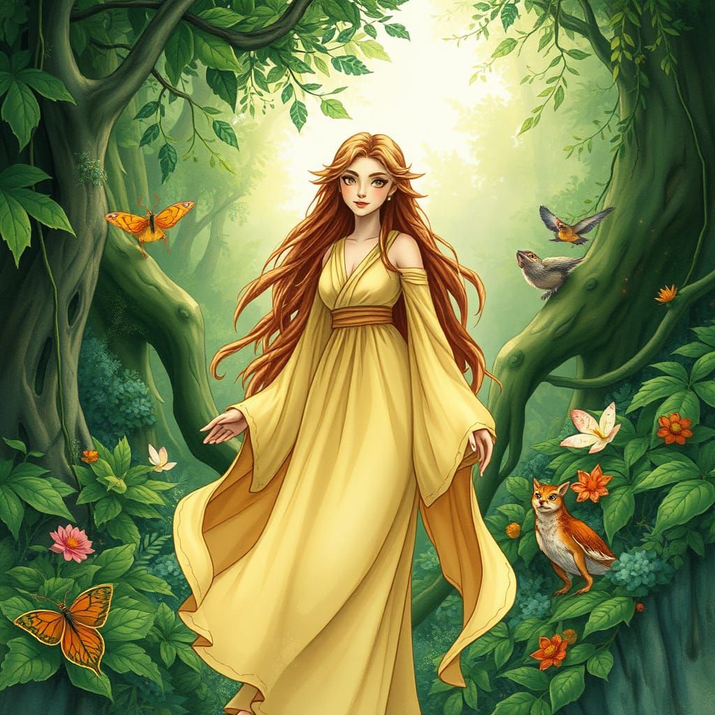 Whimsical Woman in Forest, Watercolor Art Style