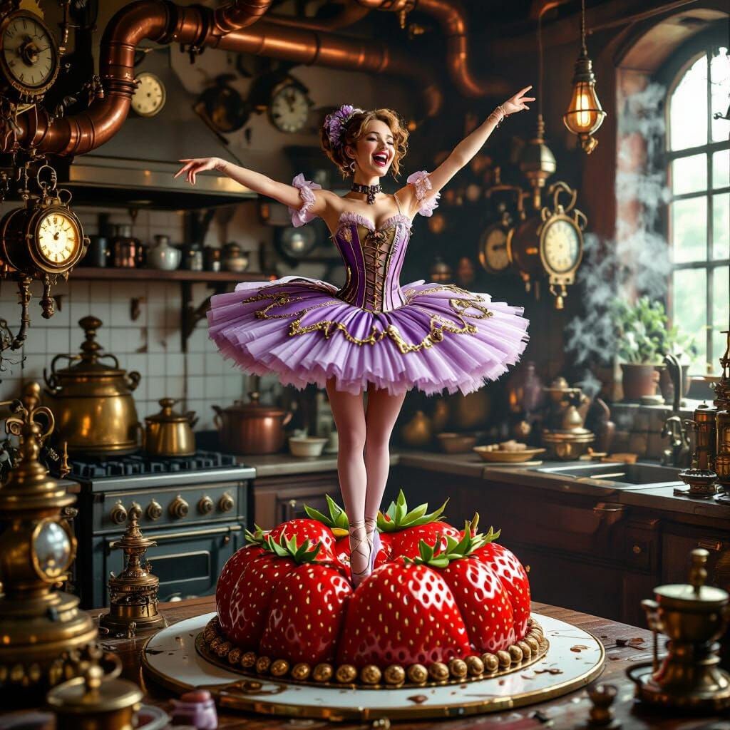 Steampunk Ballerina on Mechanical Strawberry Cake