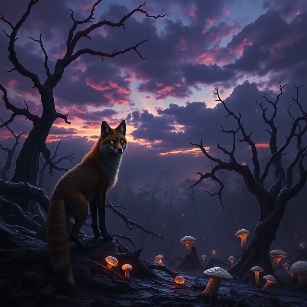 Solitary Fox in Ancient Forest, Dark Fantasy Concept Art