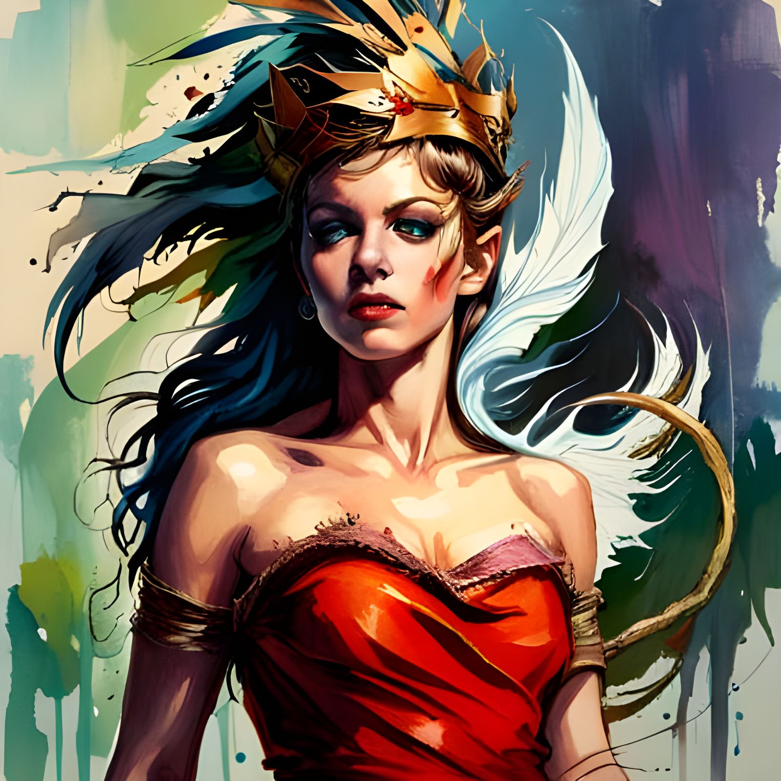 Elf Queen in Pin-Up Style, Forest Background