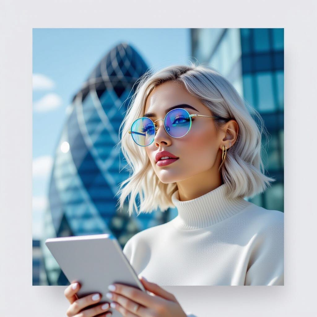 Storyboard Frame: Gherkin Facade with Creative in Minimalist...