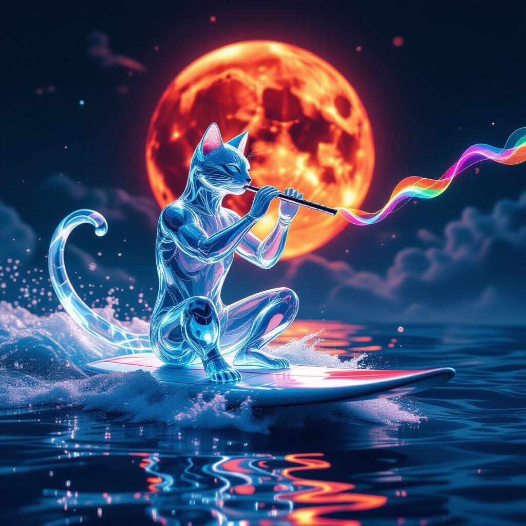 Surreal Water Cat Surfs Under Blood Moon
