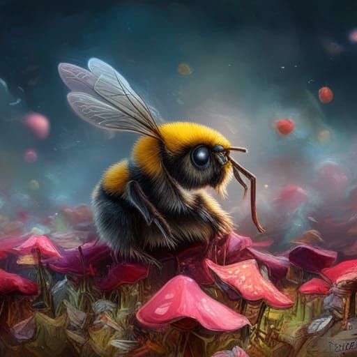Kawaii Bee on Mushroom: Hyperrealistic Digital Art