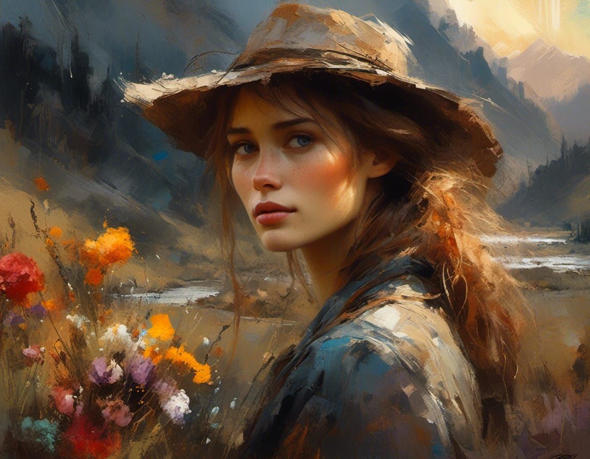 Country woman in foggy  landscape