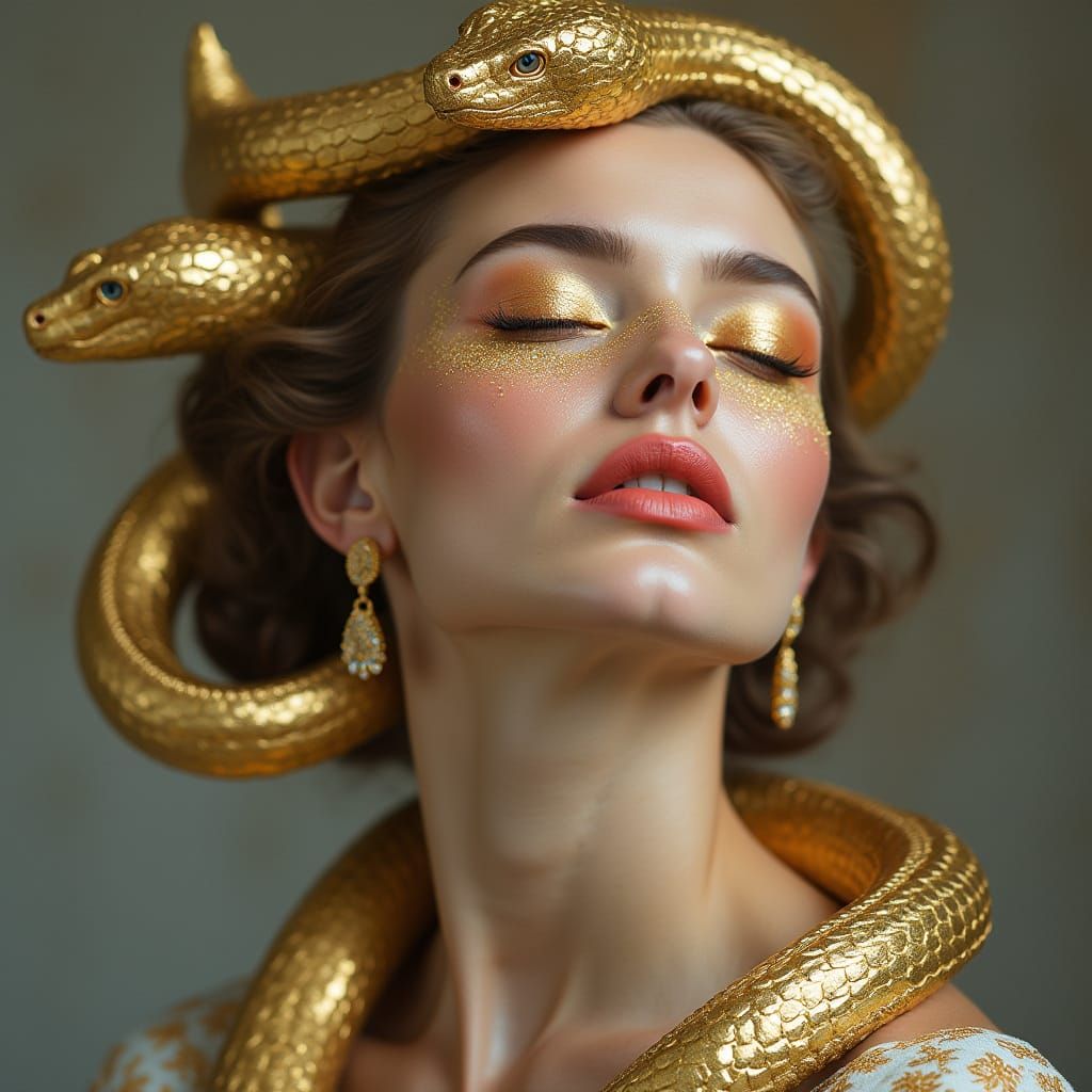 Mythical Goddess Portrait with Golden Snake Adornment
