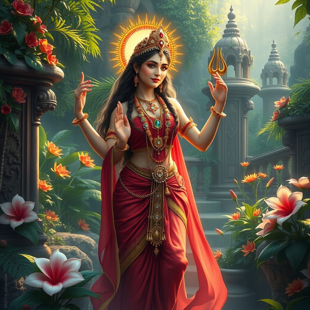 Goddess Parvati in Vibrant, Mystical Landscape