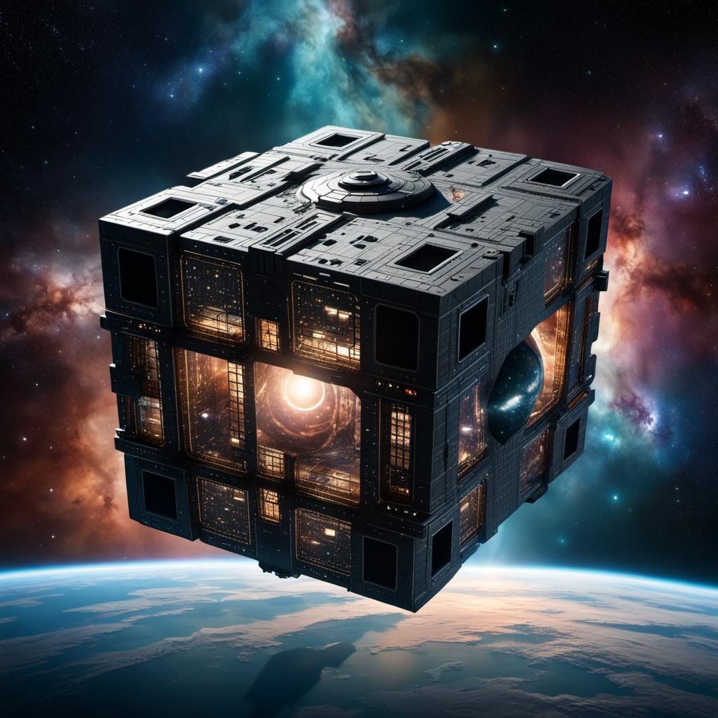 Borg Cube Orbiting Earth: Sci-Fi Digital Art