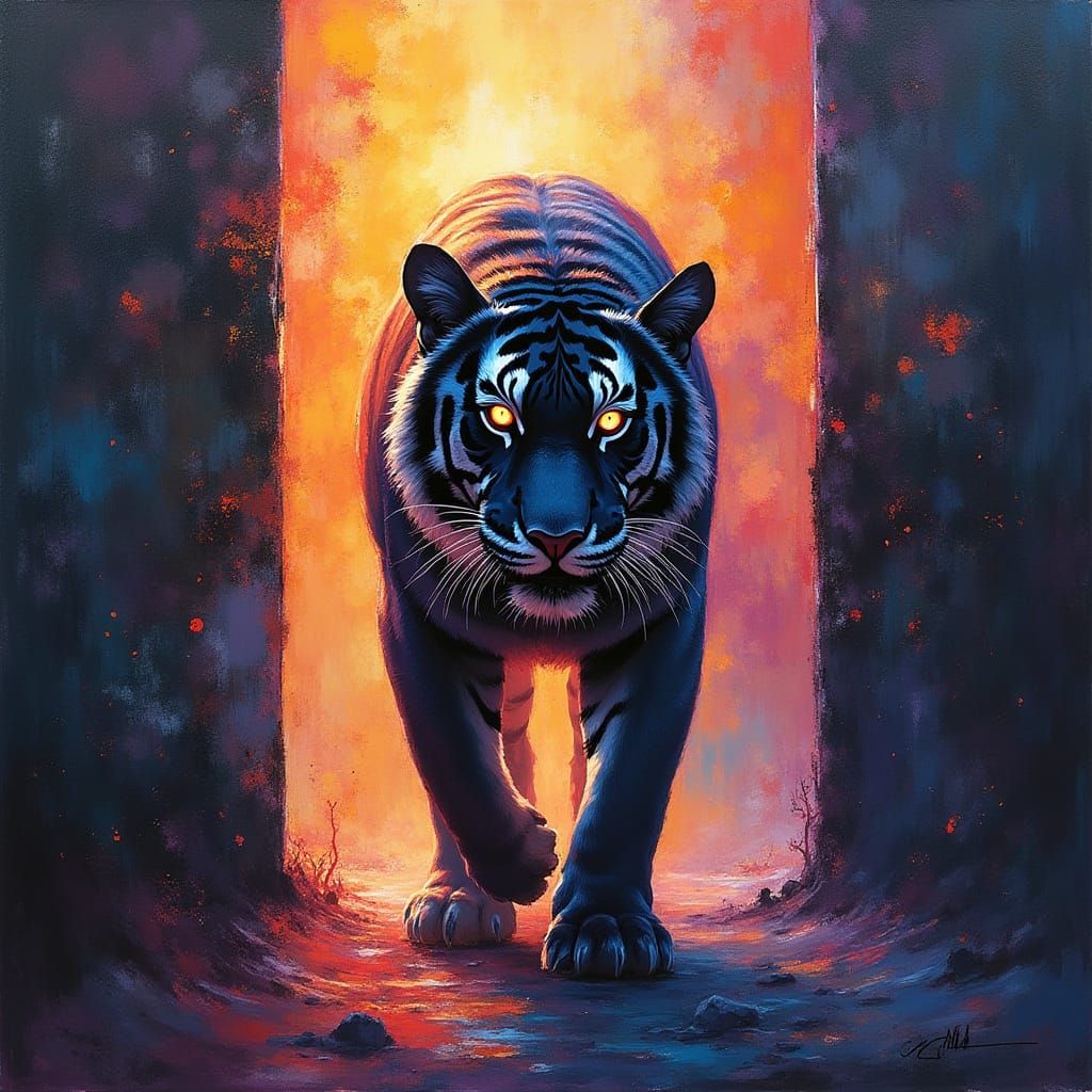 Tiger Steps Through Portal in Impasto Painting Style