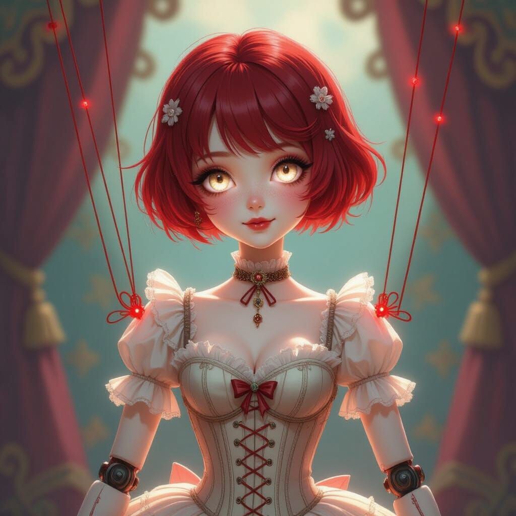 Crimson Marionette on Puppet Stage in Dollcore Style