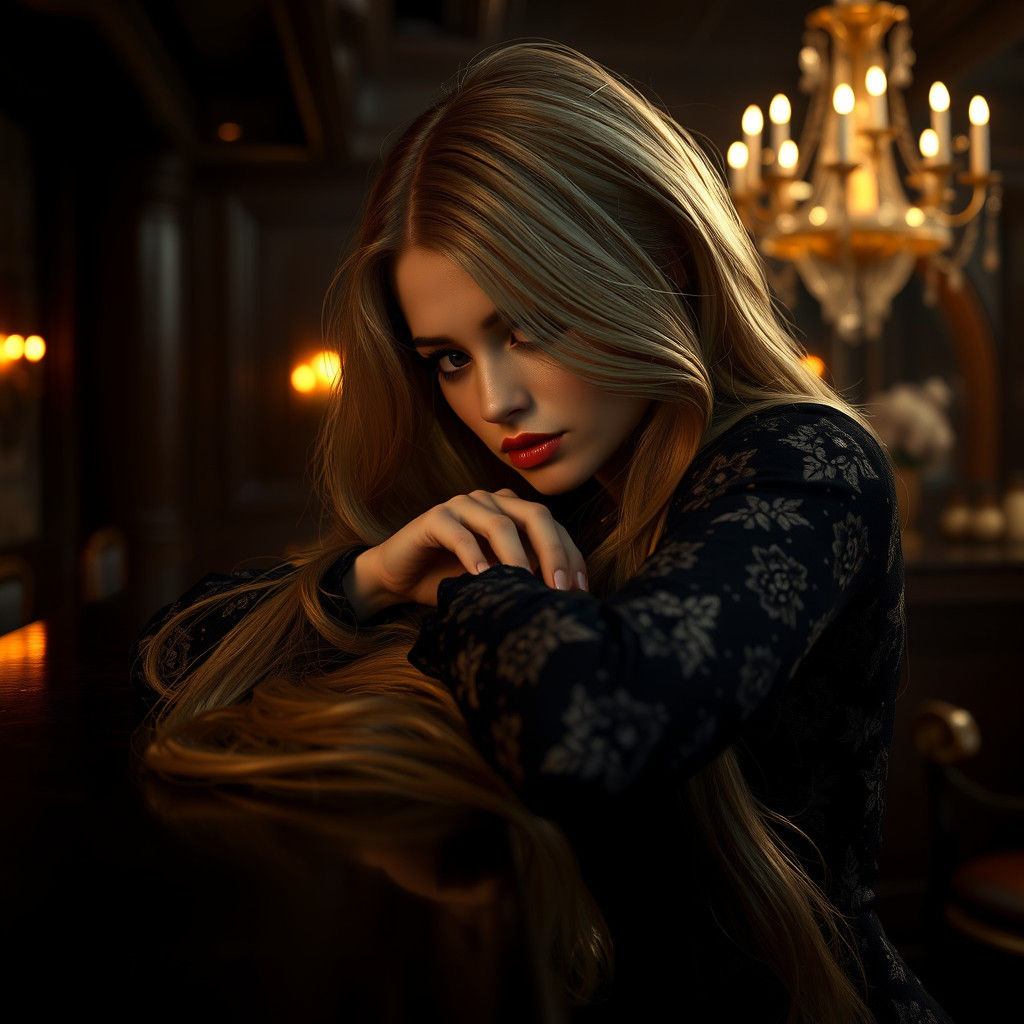 Blond Woman in Lace Dress at Bar, Matte Painting Aesthetic