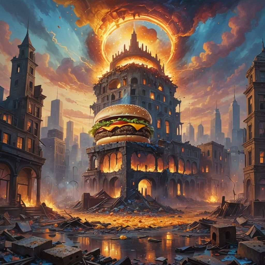 Cheeseburger in Apocalyptic Cityscape, Oil Painting Style