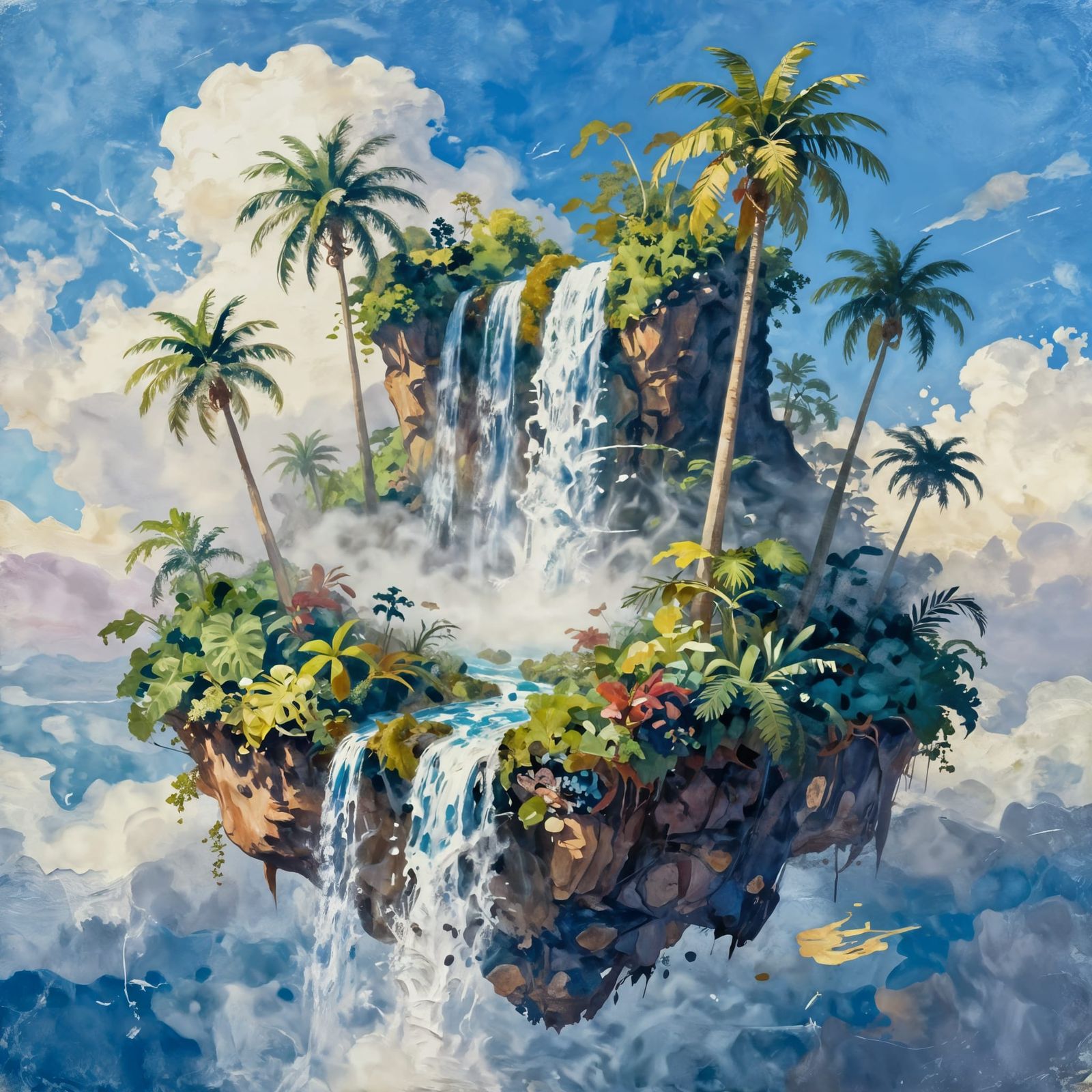 Tropical Floating Island with Waterfalls in Gouache Style