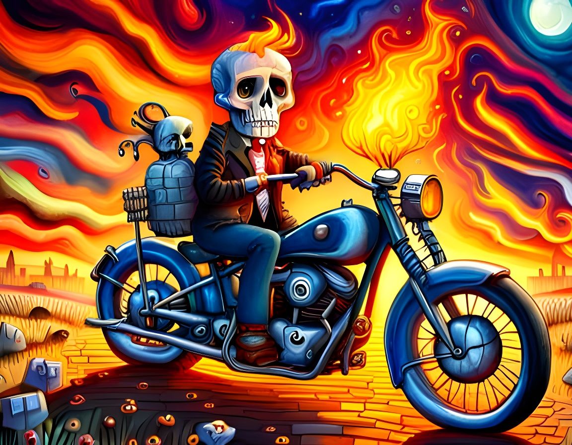 Vibrant Cubist Portrait of Happy Ghost Rider in Halloween Sp...