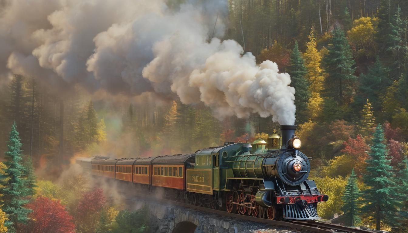 Rainbow Steam Train Through Sunny Forest, 3D Render