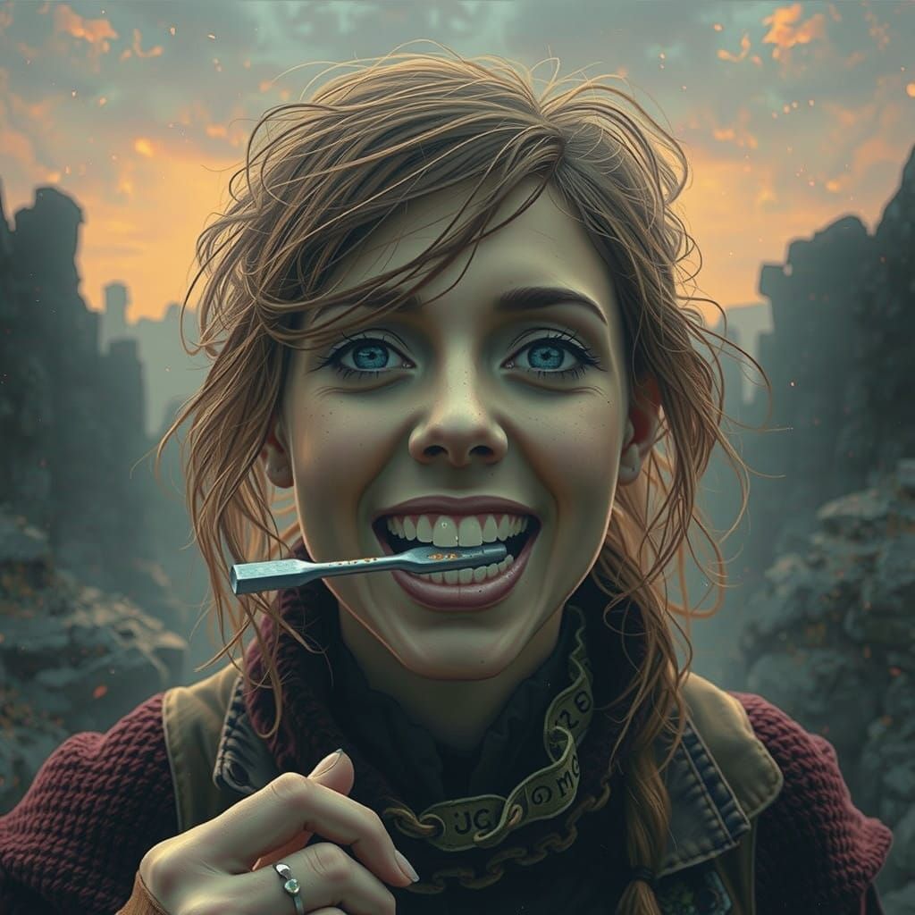 Ethereal Warrior in Leather Gloves Holds Screwdriver