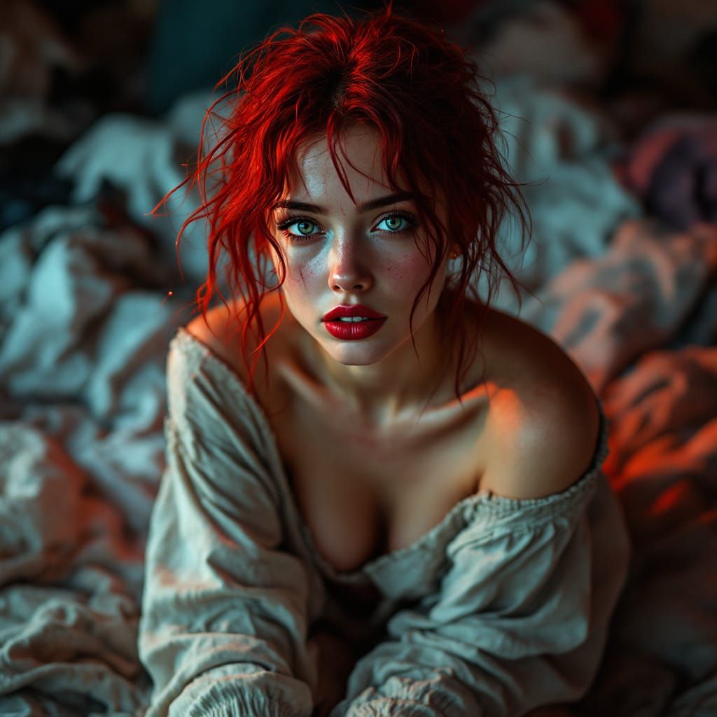 Woman on Bed in Grungy Oil Painting Style