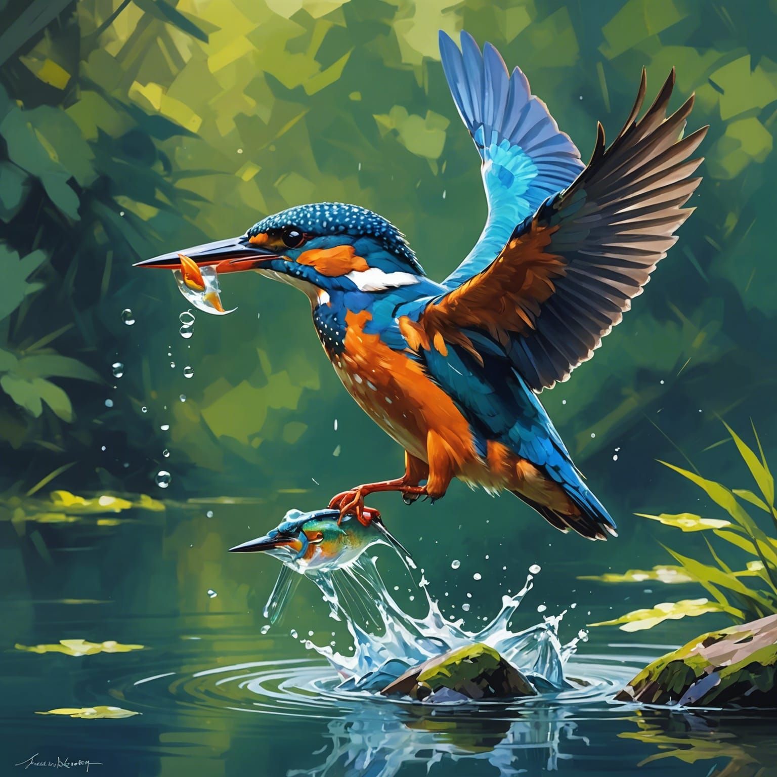 Kingfisher Catch in Abstract Acrylic Landscape