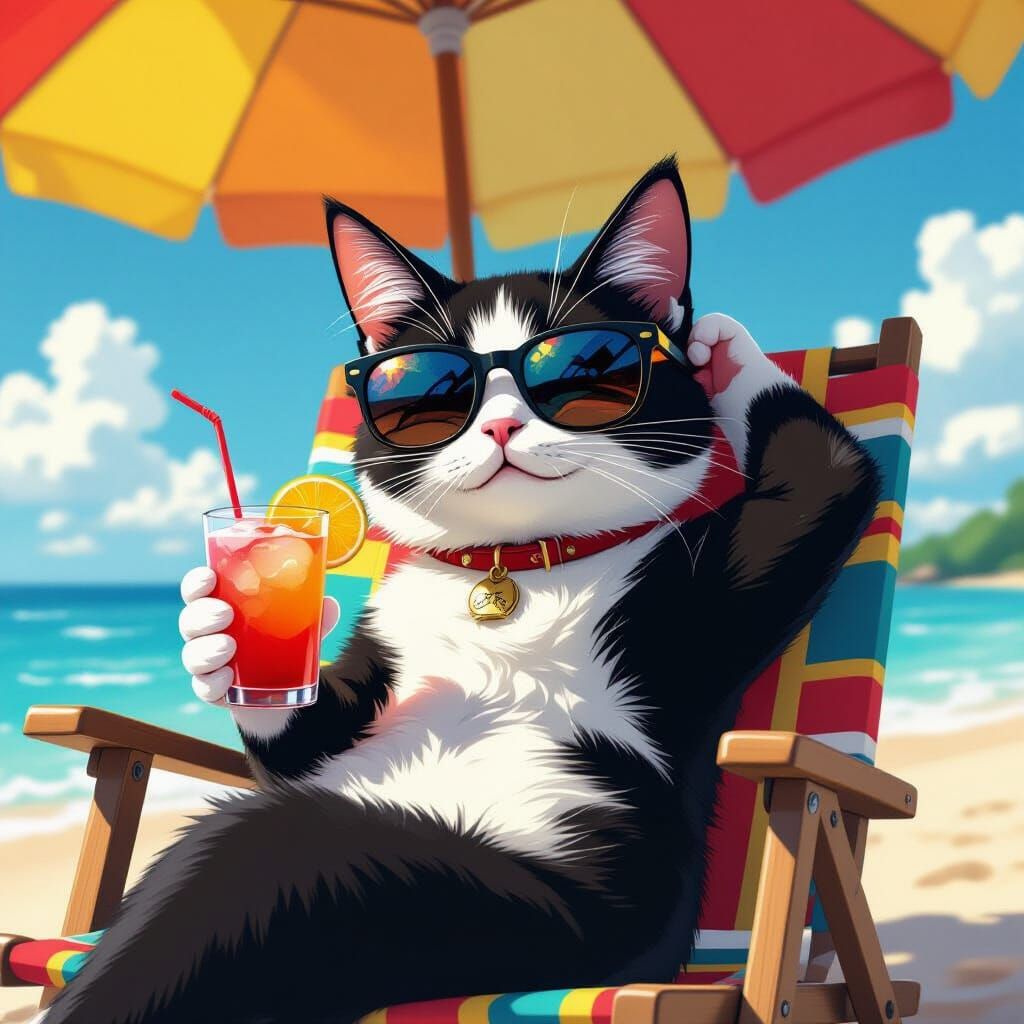 Cool Cat Lounging on Beach in Anime Style