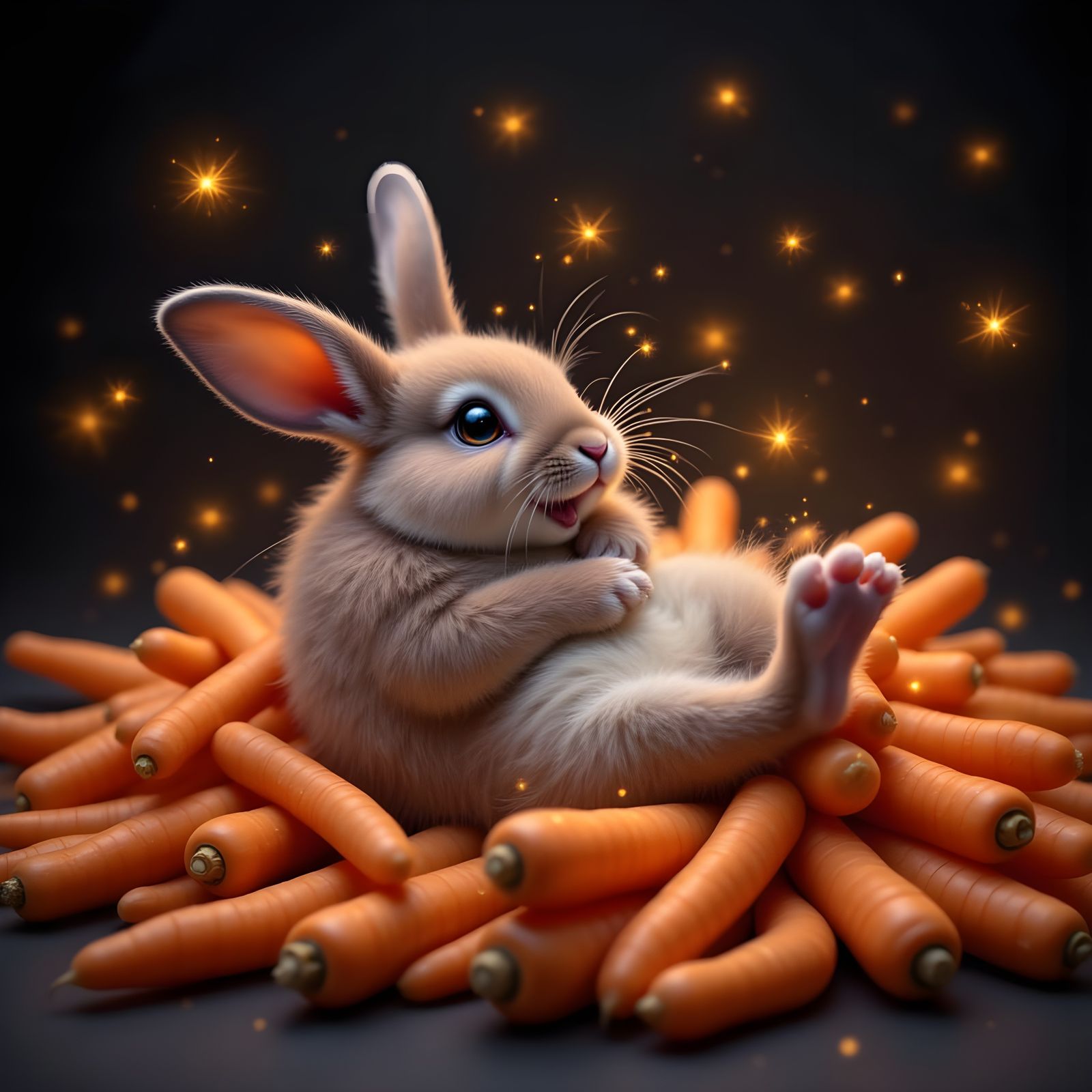 Joyful Rabbit Laughing in Pile of Carrots