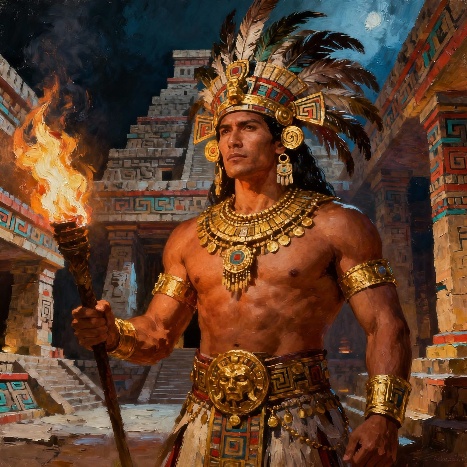 Muscular Aztec Warrior with Flaming Torch in Temple