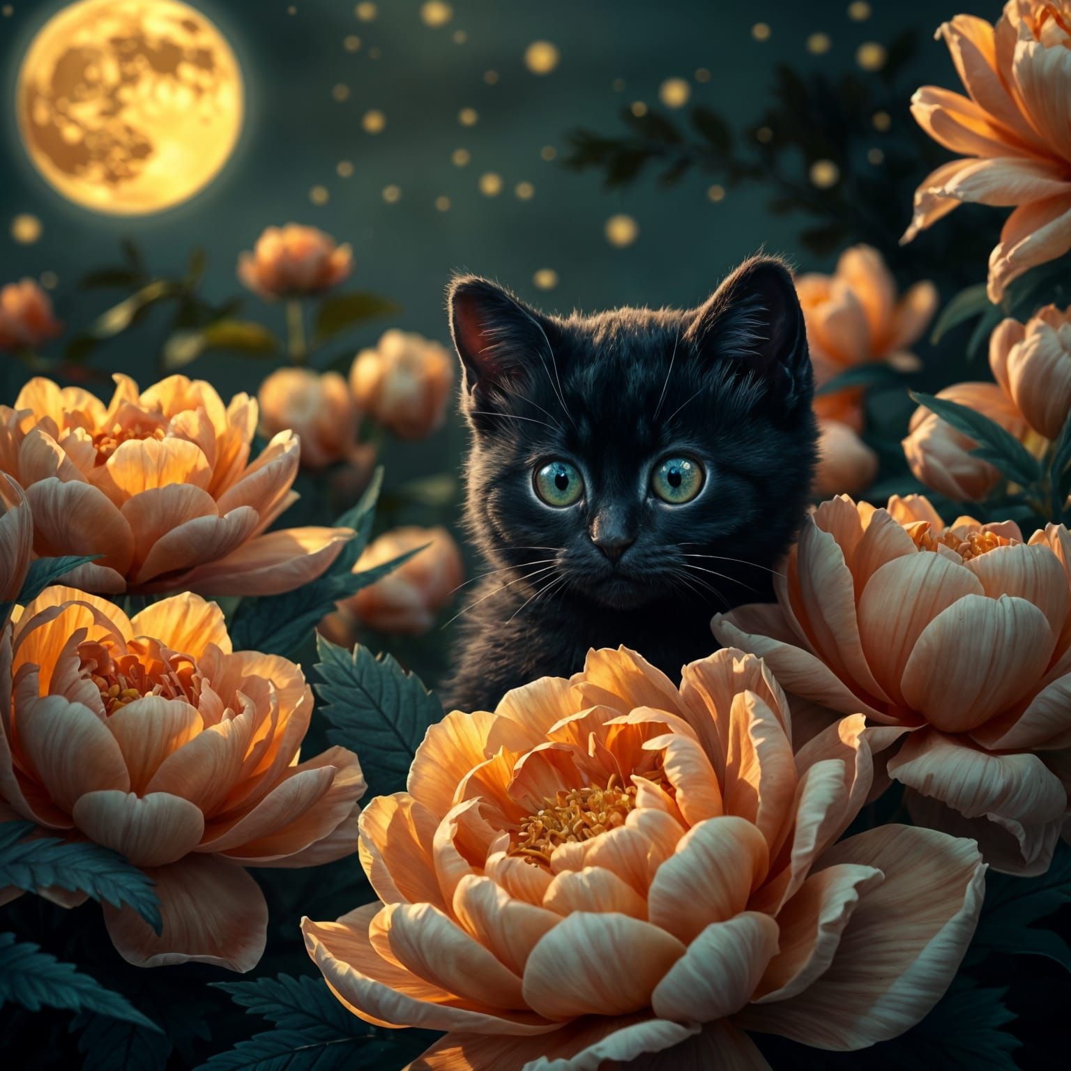 Black Cat Among Peonies in Art Nouveau Style